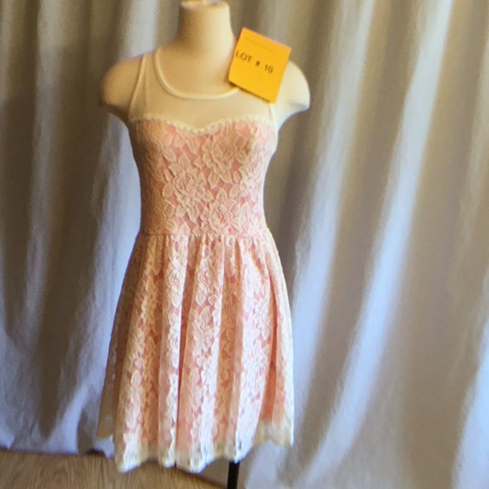 Pink dress with cream lace overlay in size large